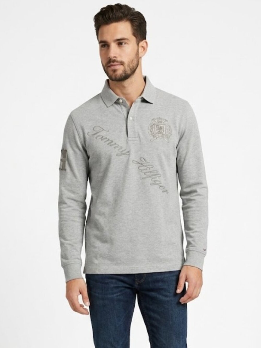 Tommy Hilfiger Men’s Vintage Long Sleeve Shirt Gray Size M Crest Logo Spell Out